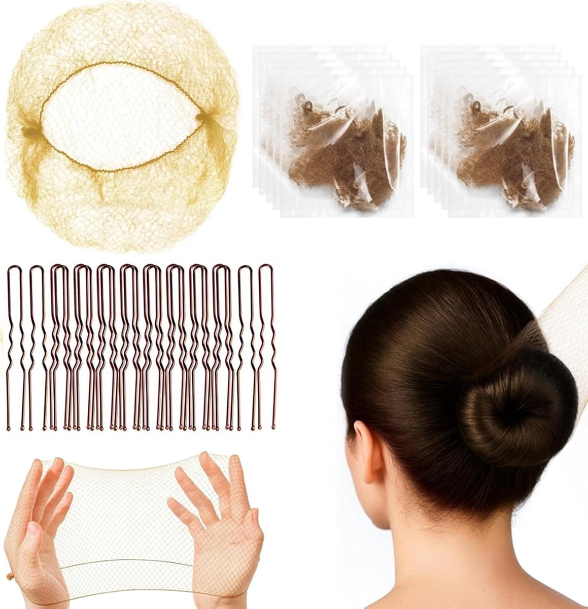 20 stuks broodjesnetten blond en 50 stuks U-vormige haarspelden, elastische rand mesh, onzichtbaar ballet-haarnet voor meisjes en vrouwen, verpleegster, balletbroodjesmaker, dans