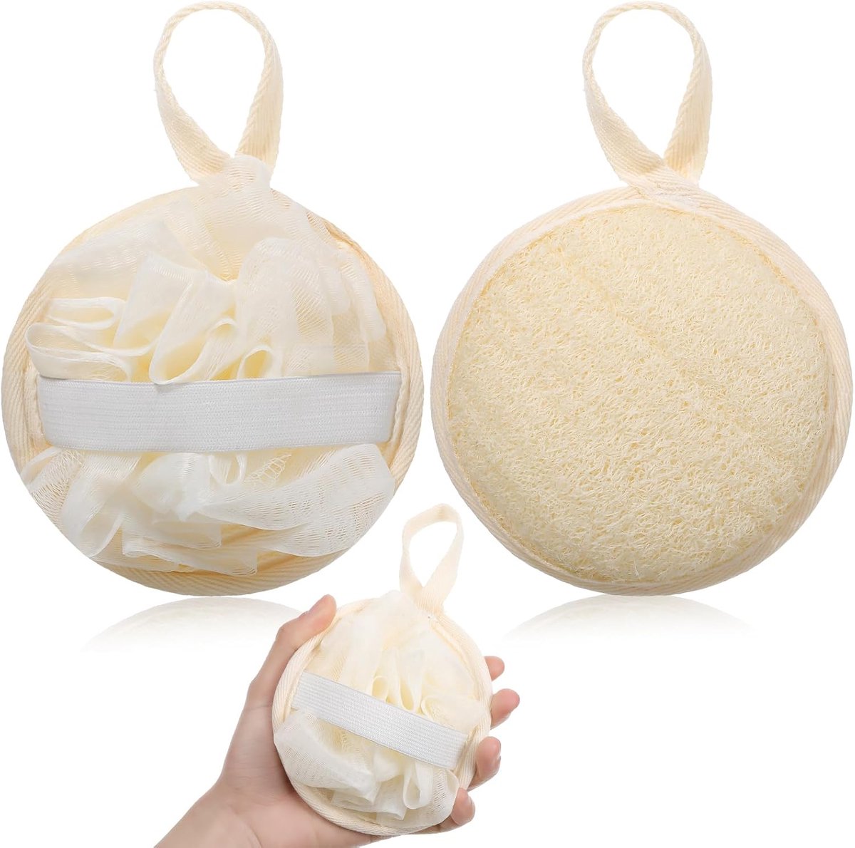 2 stuks natuurlijke luffah-spons, 12,5 cm, loofah peelingspons met ophangring, natuurlijke spons, rond, voor dames en heren, lichaamspeeling