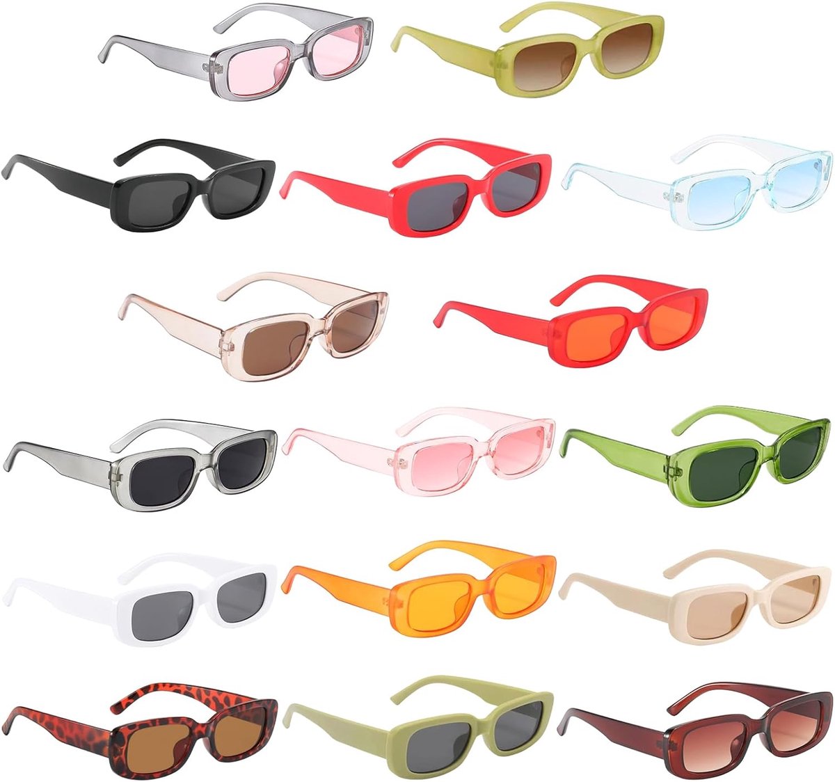 16 stuks vintage rechthoekige zonnebril voor dames en heren, zonnebril dames, feestzonnebrillen, retro zonnebrillen, vintage zonnebril, bril, voor outdoor, reizen, autorijden, UV400-bescherming, bruin