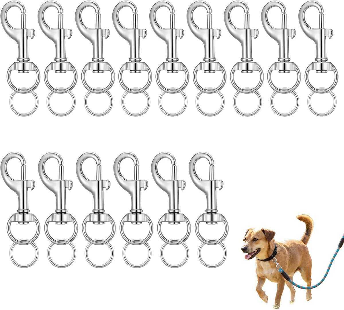 karabijnhaken set 15 stuks met 15 O-ringen, zinklegering draaikoppeling 360 graden, vervangende clips voor halsband en lijn van kleine honden, DIY