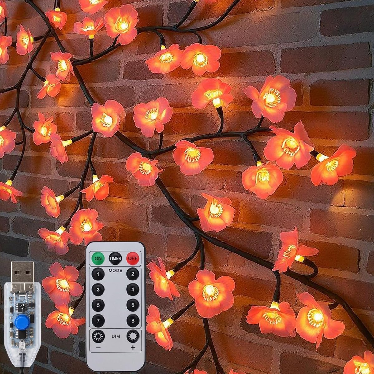 Tak- en wijnstoklamp, USB-lichtketting, 1,8 m, 96 leds, kersenbloesem, lichtketting voor buiten, waterdicht, lichtketting voor tuin, omheining, balkon, Kerstmis, bruiloft, decoratie