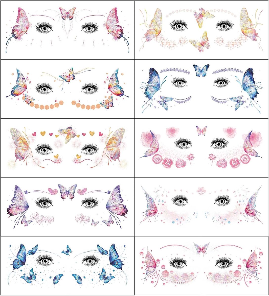 Tijdelijke Tatoeages, 10 Vellen Glitter Vlinder Gezicht Tattoo Sticker Vlinder-gezichtskunst & Tattoostickers Voor Vrouwen Meisjes, Verjaardagsfeest, Carnaval