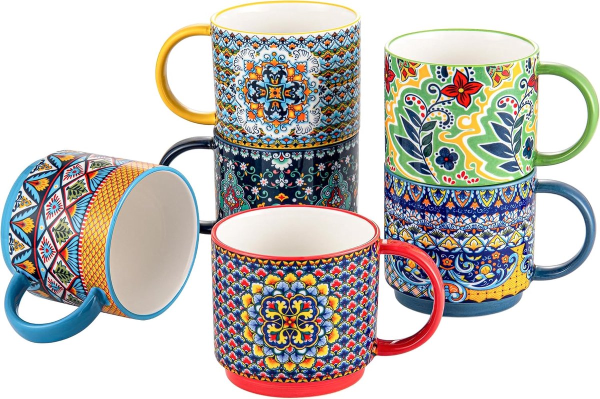 LEAD Mokken set porselein, 350 ml koffiemok met handvat, set van 6, kleurrijke stapelbare bekers voor latte/cappuccino/cacao - Boheemse stijl