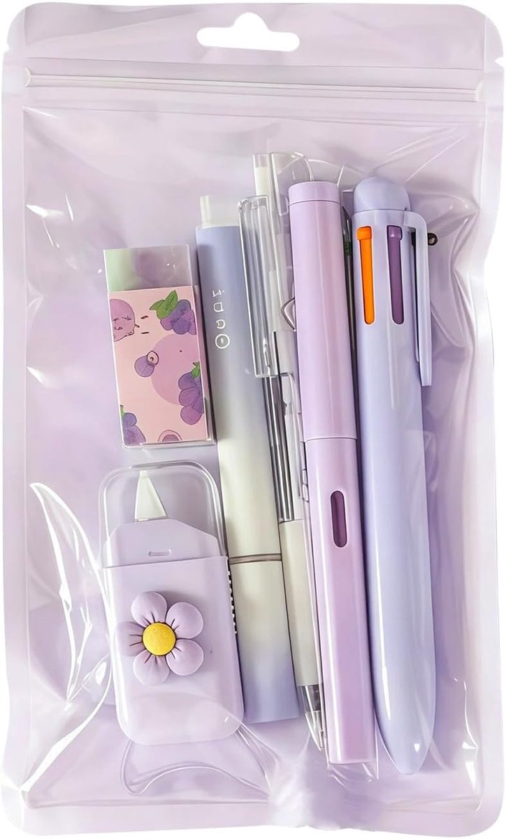 6-delige paarse schrijfwaren set voor vrouwen - Kawaii mini kantoor- & schoolbenodigdheden met balpen, gelpen, markeerstift, eeuwige potlood, correctietape, gum