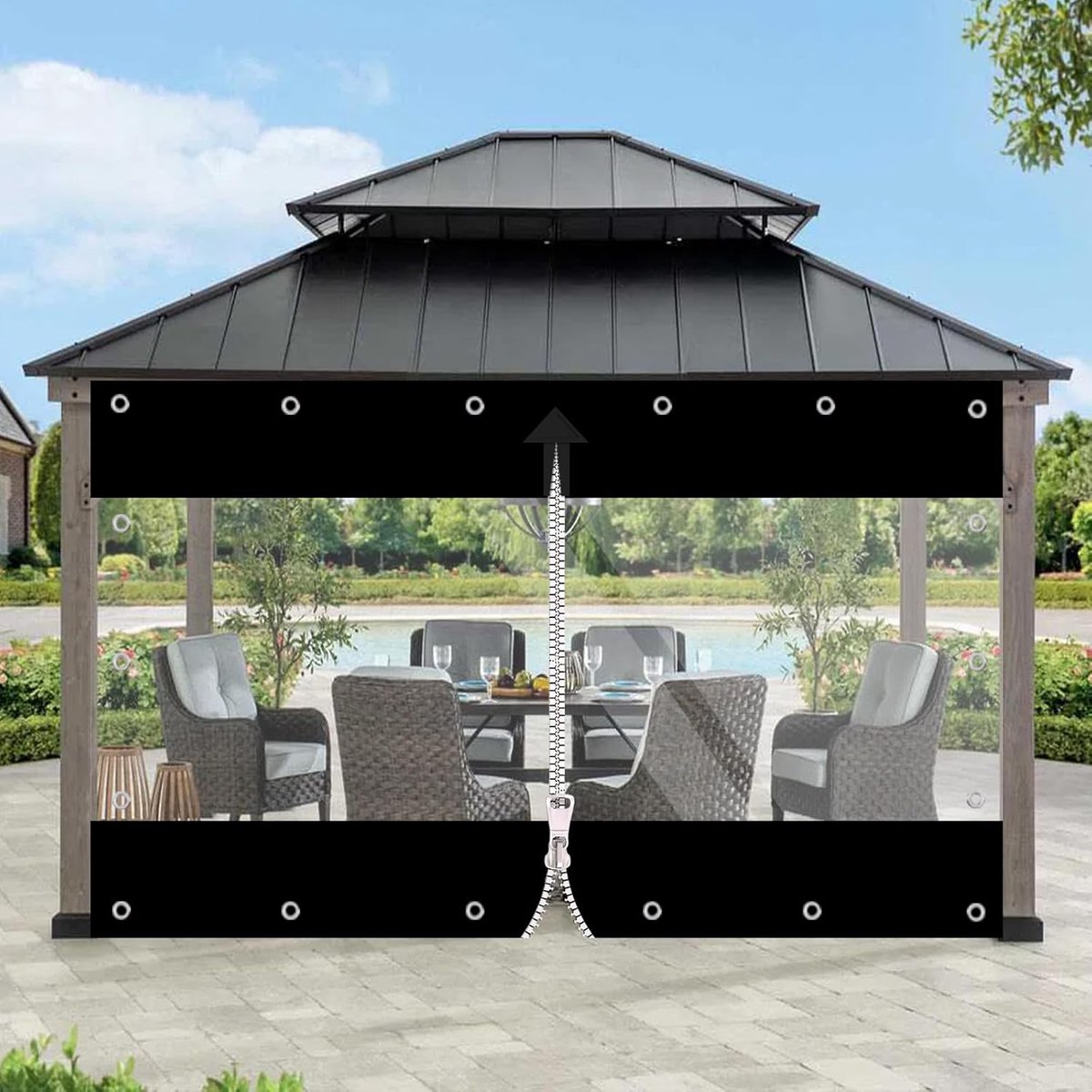 Zeil, 650 g/m², pvc-zeil, outdoorgordijn met ritssluiting, waterdicht afdekzeil, windbescherming en regenbescherming voor paviljoen, balkons, terrassen (zwart, 2,4 m x breedte 2,1 m)