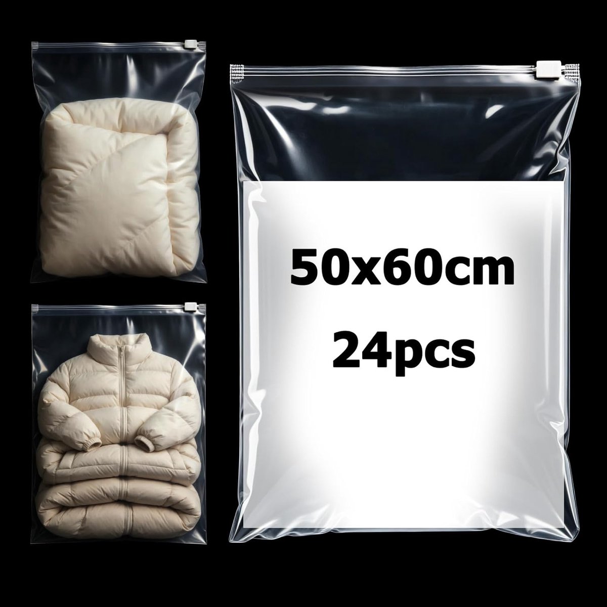 24 Stuks Grote Zipzakken 50x60cm, Transparante Ziplock Herbruikbare Plastic Zakken met Ventilatiegaten voor Kleding, Dekbed, Schoenen, Reisopslag, Huisorganisatie