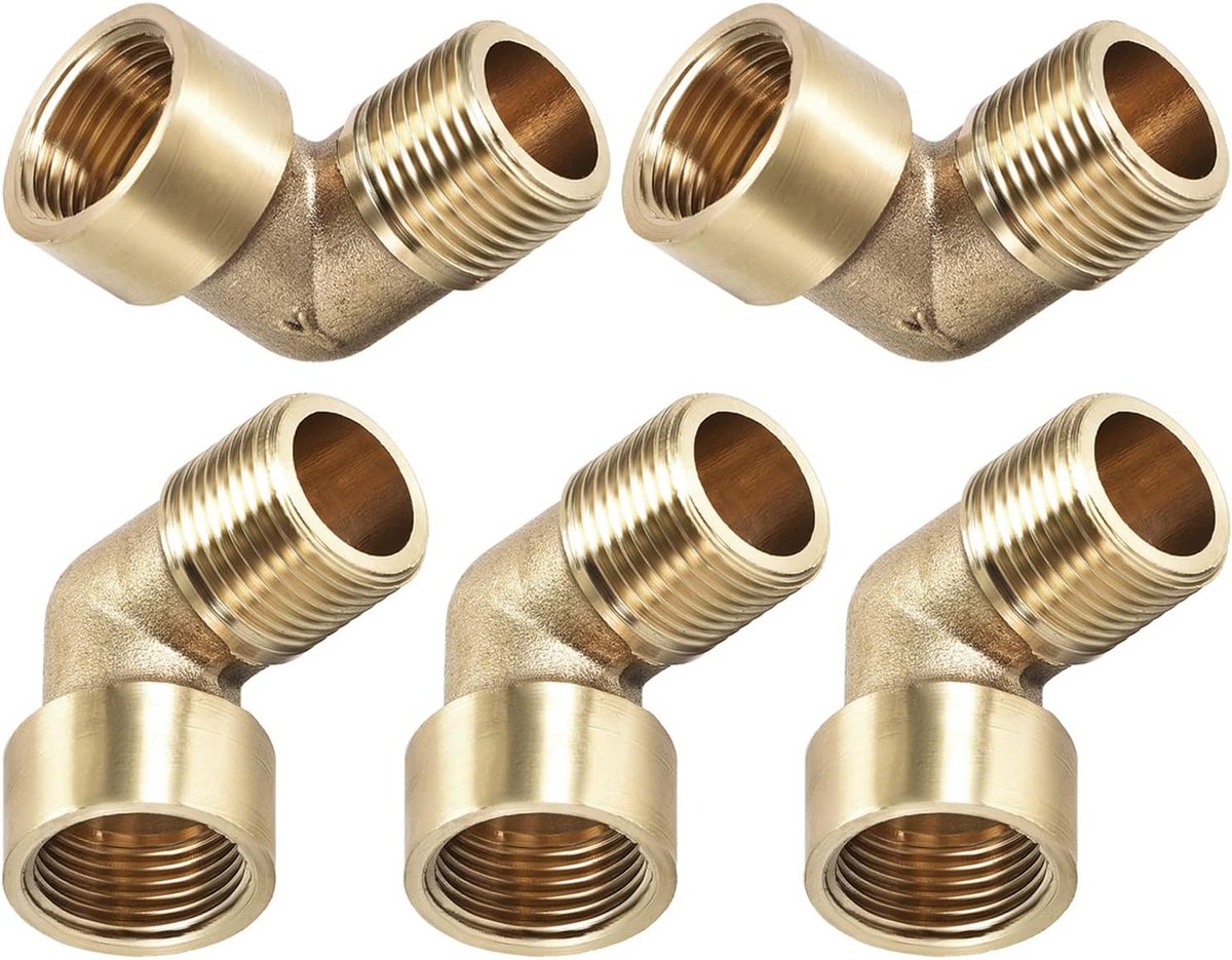 3/8 BSP x 3/8 BSP (mannelijk x bus) 90° hoek buisleiding fitting - 5 stuks - goed voor waterleidingsysteem - messing buisbeslag - goudkleurig