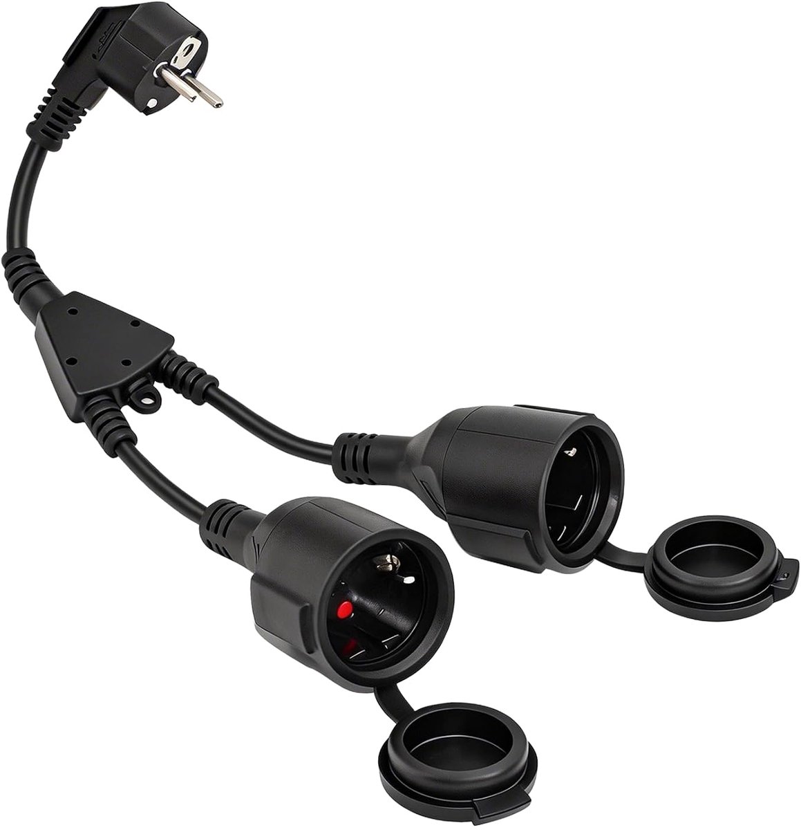 stekker voor buiten, spatwaterdicht, 2-voudig stopcontact, met 34 cm kabel en deksel, 2-voudig stopcontact, kort, outdoor, meervoudig stopcontact voor tuin, terras en camping