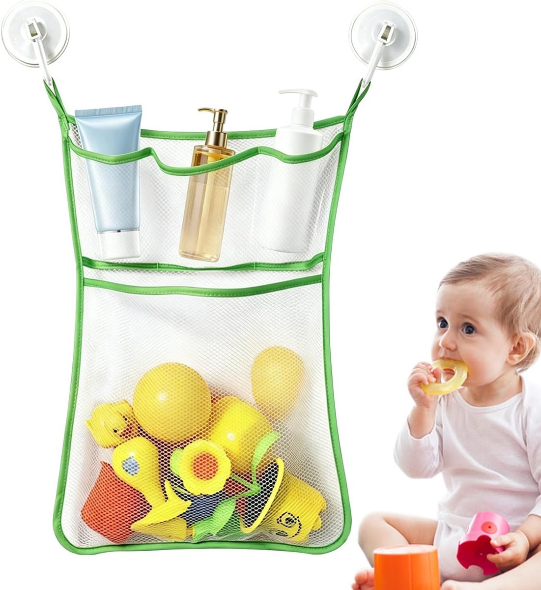 Opbergnet met Zuignappen, Mesh Speelgoedorganizer voor Baby's en Kinderen, Sneldrogend, Groen