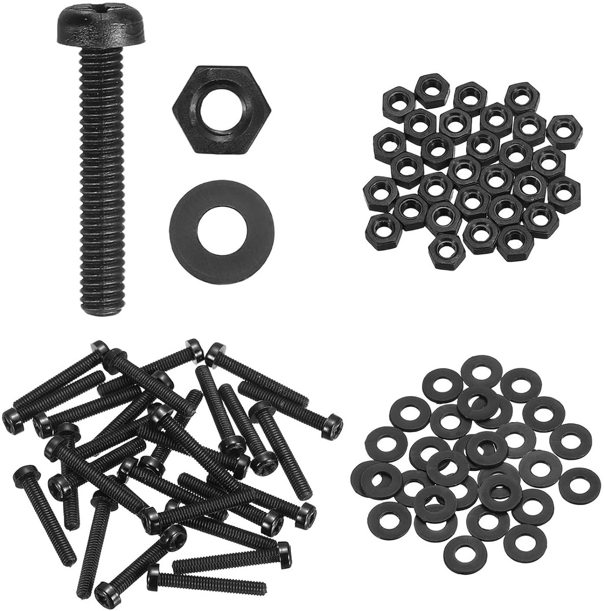 30 set M2.5x15mm nylon PA66 kunststof kruis rondkop schroeven Phillips bouten zeskant moeren sluitringen assortimentskit metrisch volledige draad schroeven zwart