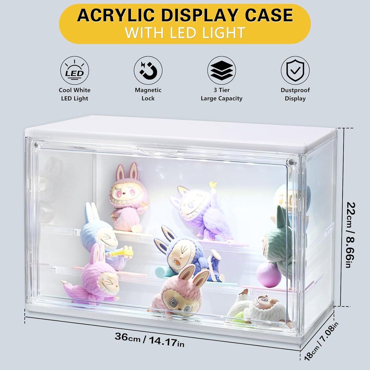 Acryl Displaykast met Lichten, Duidelijke Showcase met Afneembare Plank, Stapelbare Opbergbakken voor Collectibles, Actiefiguur, Popmart (L-1 Pakket)