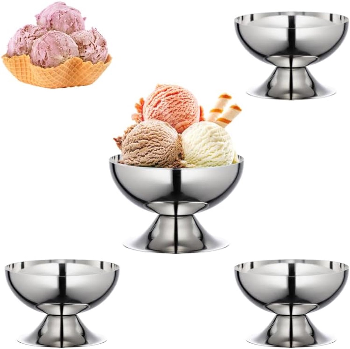 4 stuks ijsbekers van roestvrij staal, diameter 10 cm, 200 ml, roestvrij staal, ijsbekers, dessertglazen met voet, Ice Cream Sundae dessertglazen voor fruit, salade, yoghurt en vruchtpudding