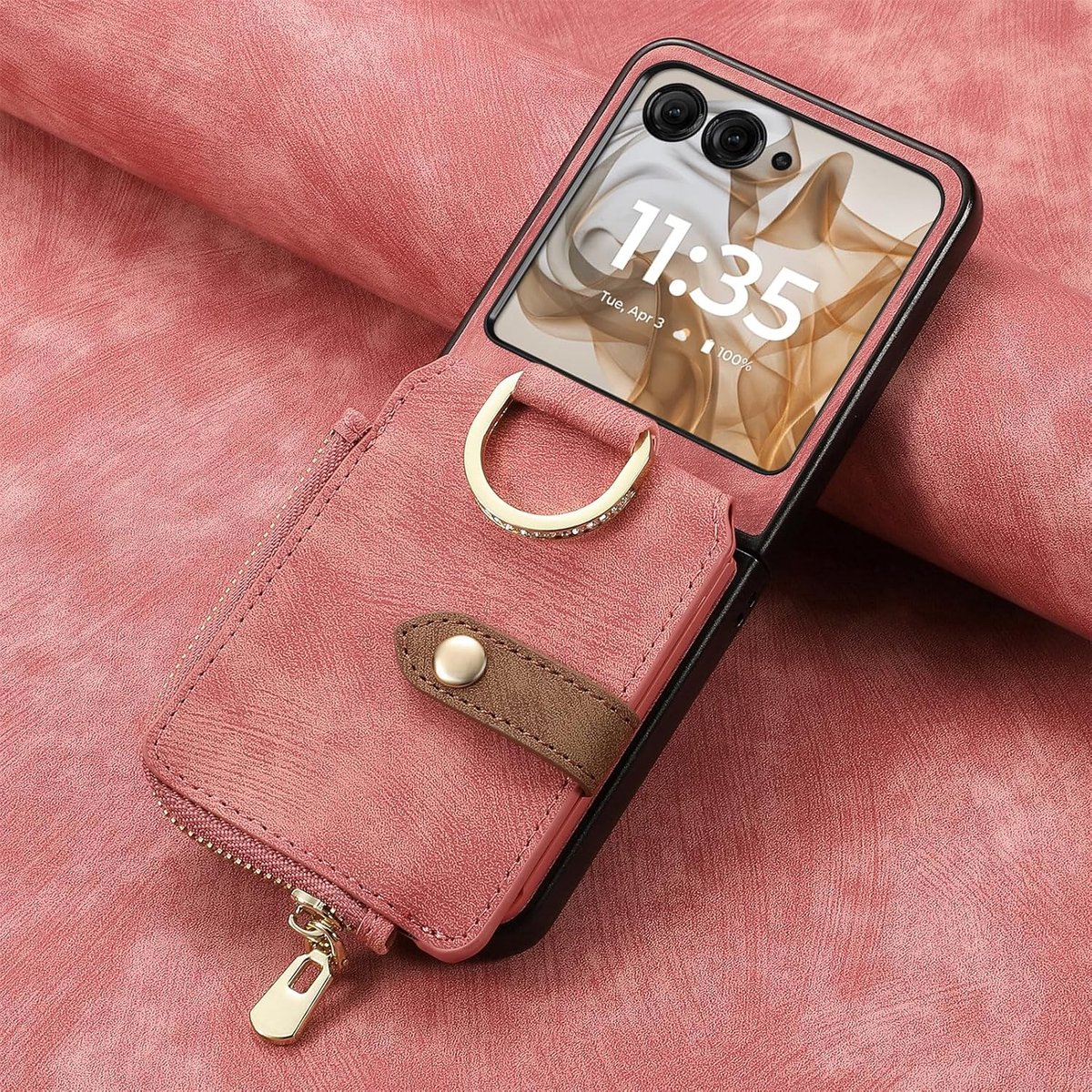 Hoesje voor Motorola Razr 60 Ultra, PU-lederen opvouwbare portemonneehoes, beschermhoes met ring, met kaartsleuven, beschermhoes voor Motorola Razr 60 Ultra-roze