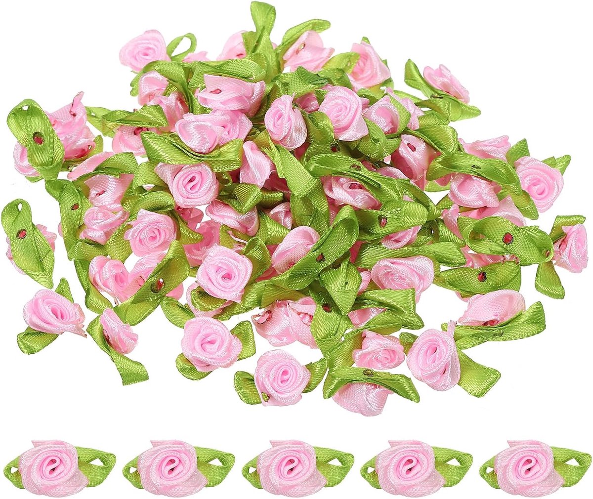 Mini lint rozen, 100 stuks kleine satijnen stof bloemen met groene bladeren versieringen, rozetten applicaties voor doe-het-zelf knutselen, naaien, bruiloft, roze