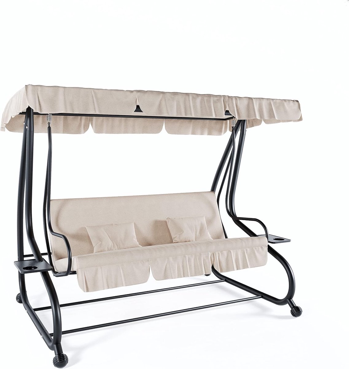 Schommelbank voor 3-zits met zonnedak, verstelbaar dak, gevoerd kussen, robuust frame van gelakt staal, voor tuin, buiten, balkon, terras, 200 x 120 x 160 cm (beige)