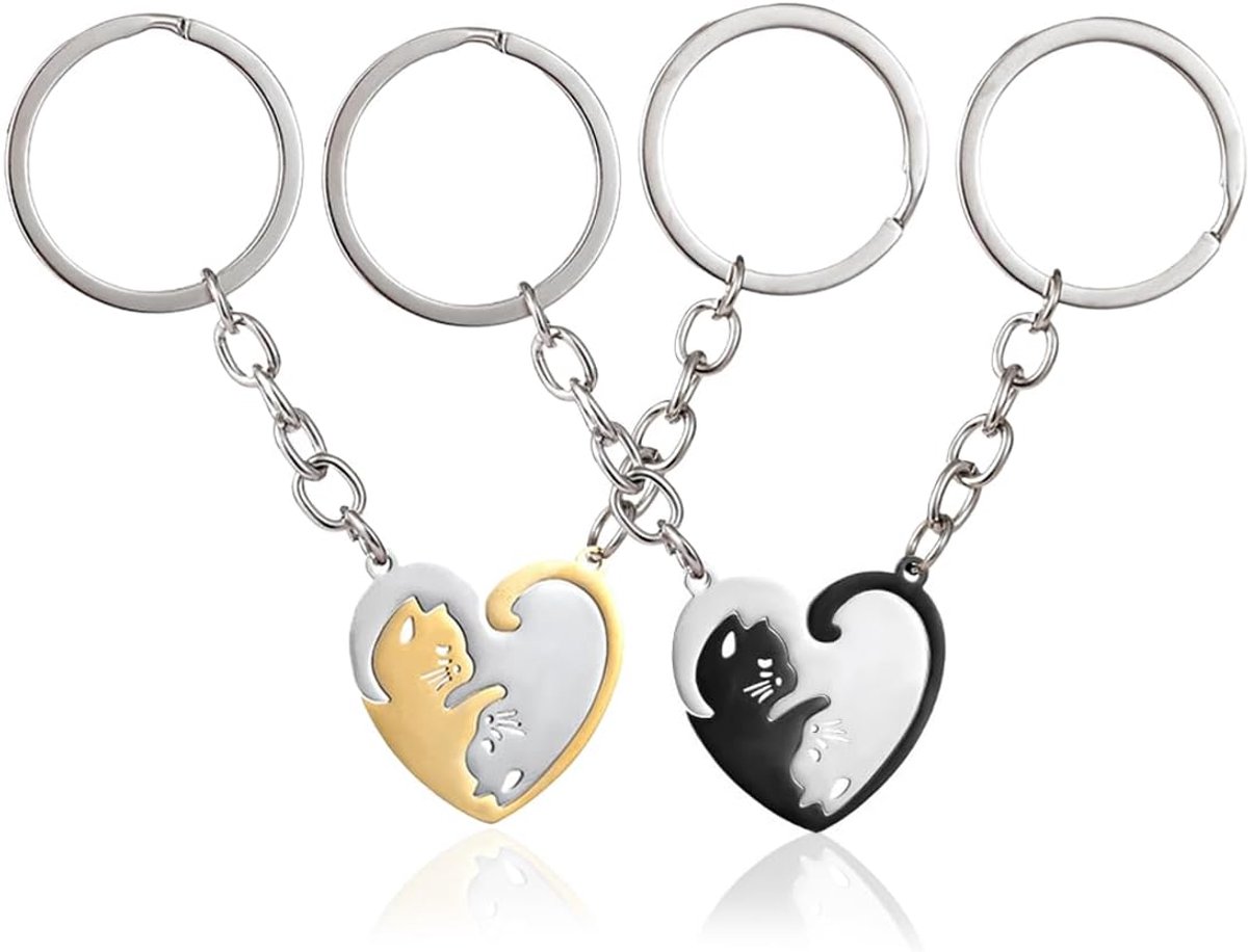 Set van 2 paar sleutelhangers voor koppels, katten, romantische sleutelhangers, zwart-wit en goud-zilver, cadeau voor Valentijnsdag en vriendschap