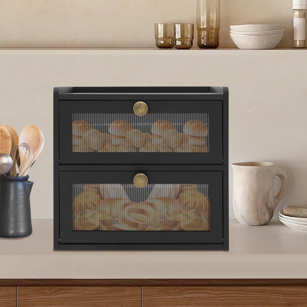 Brooddoos 2-laags - Houten lunchbox van dennenhout - Retro zwart - Ruimtebesparend voor brood en gebak - SnelShoppen