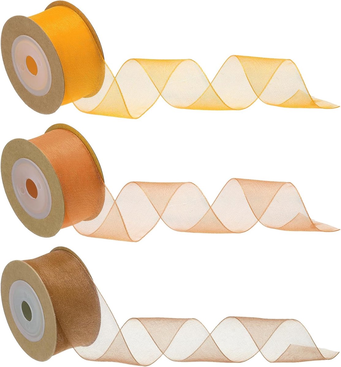 3 rollen transparante organza lint, 2,5 cm 10,4 m doorschijnend lint voor cadeaumantels, kerstboom, handwerk, strikken, bruiloftskransen, omslag, geelgoud, champagnegoud, bruin