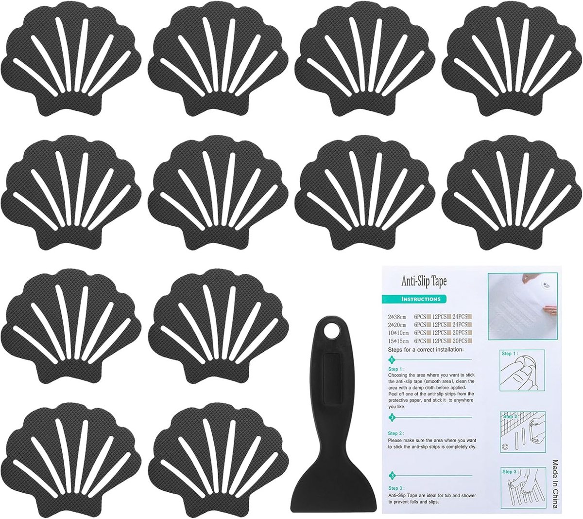 Antislip stickers voor badkuip 90 x 6 cm, 12 stuks beschermende douchevloer anti-slip stickers met zelfklevende stickers schraper voor badkuip, douche, vloertrap, zwart