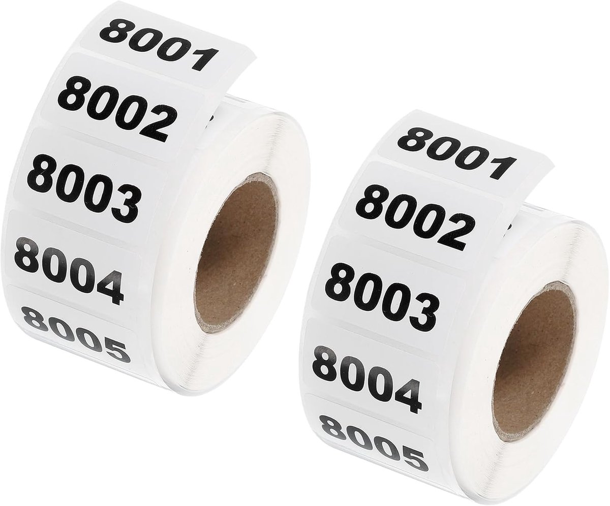 2 rollen cijferstickers, 8001-9000 cijferstickers, nummerstickers, zelfklevende cijferstickers, klein, 7 x 10 mm, wit