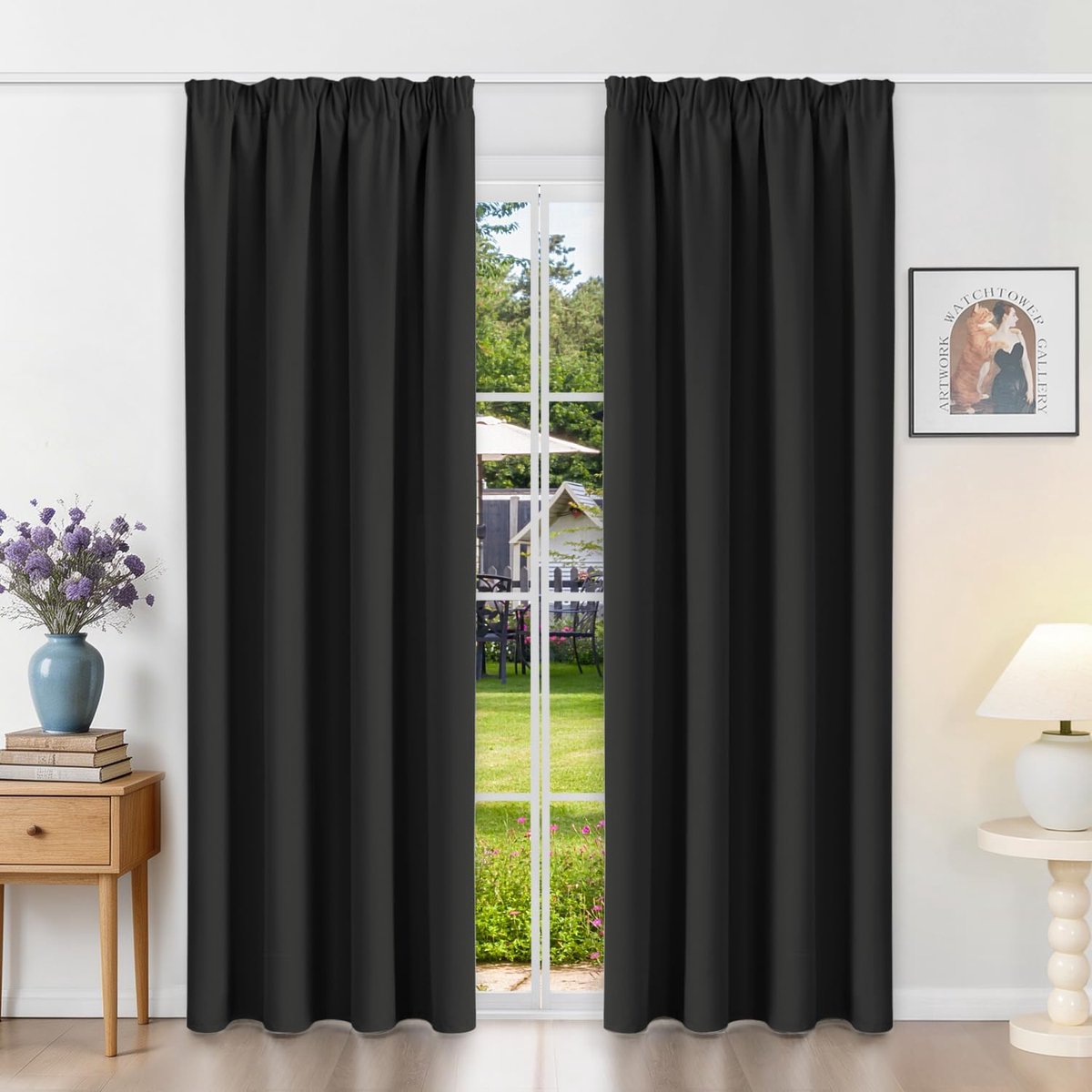 Gordijnen met plooiband, ondoorzichtig, zwart, verduisteringsgordijnen, set van 2, 220 x 140 cm (H x B) voor railsysteem, thermische gordijnen, koudebescherming, schuifgordijnen voor woonkamer