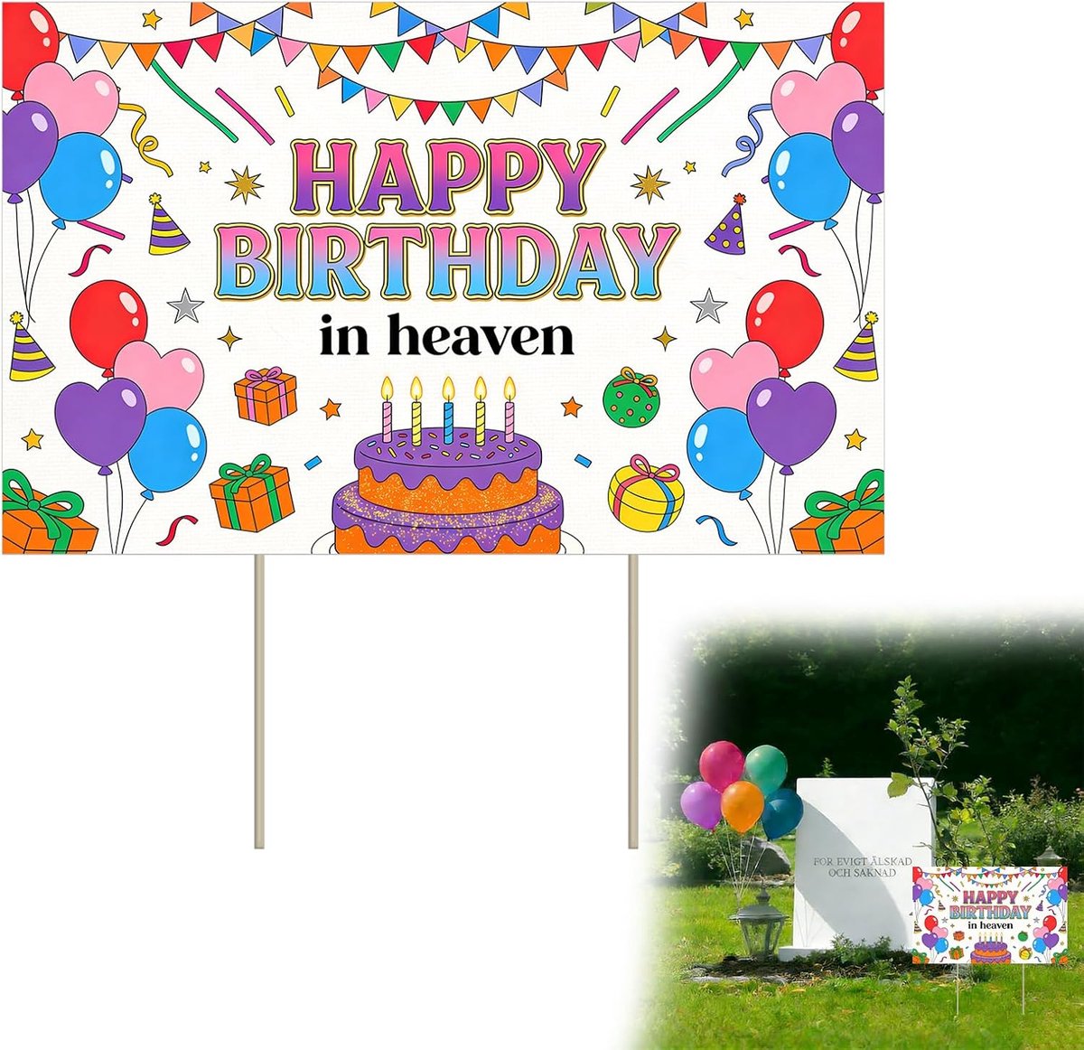 'Happy Birthday in Heaven', rouwdecoratie, tuinbord met paal, 7,87 x 11,81 inch, kleurrijk lintballonontwerp voor begraafplaats, terras of tuin. het teken van de hemel