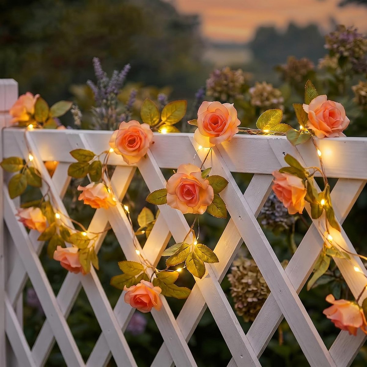Fairy Lights, 2,2 m 40 LED Oranje-Rode Kunstbloem Klimop String Lights, 8 Verlichtingsmodi Tuinverlichting, Batterij Werkt Nep Blad Decoratie Perfect voor Indoor Slaapkamer Balkon Bruiloft Party
