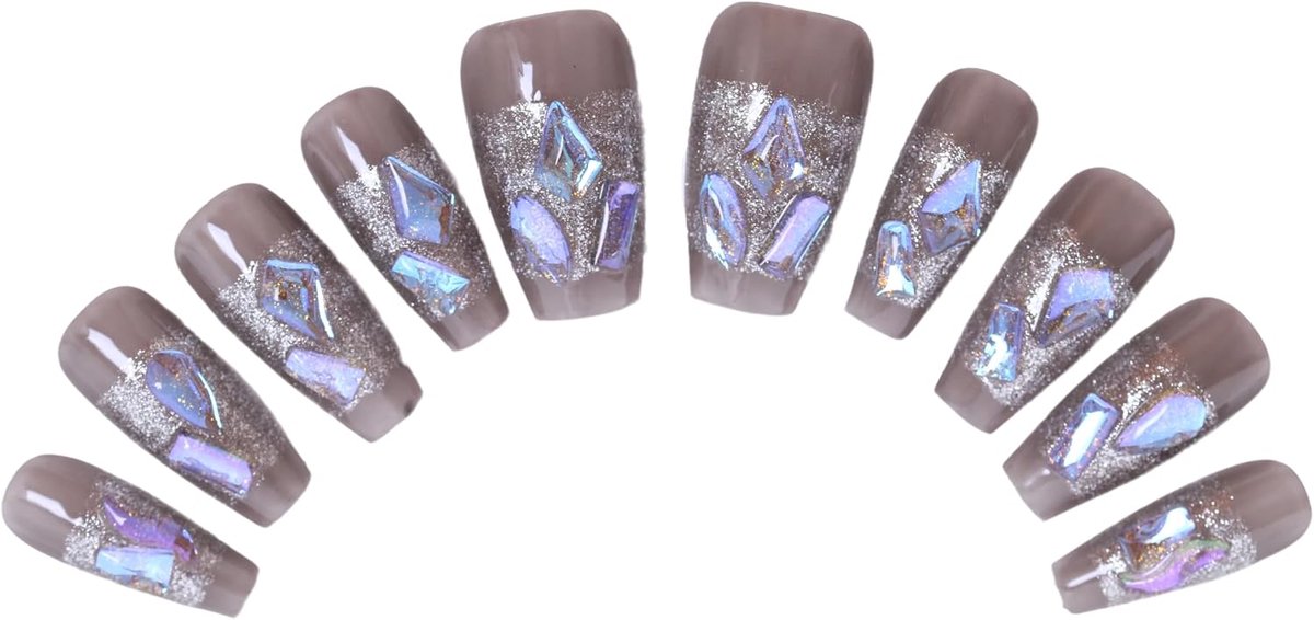 Press-On Nails vingernagels gelakt 10 stuks herbruikbare kunstnagels hologram glitter grijs