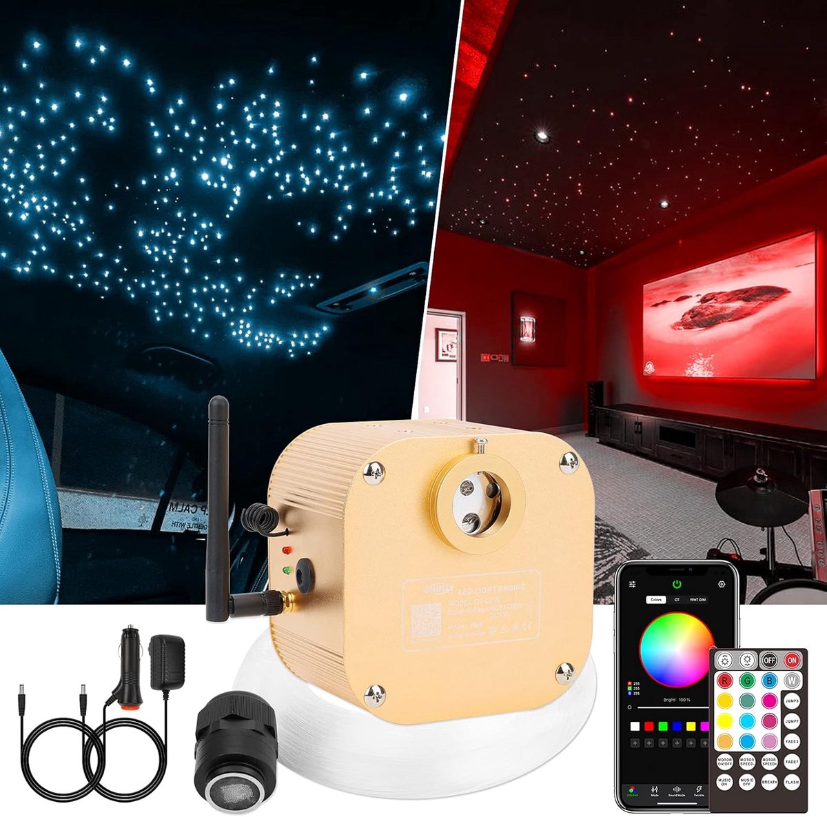 Bluetooth 16 W RGBW Twinkle LED glasvezel ster plafondlampen kit app/afstandsbediening 450cs x 0,75 mm x 3 m voor huis/auto