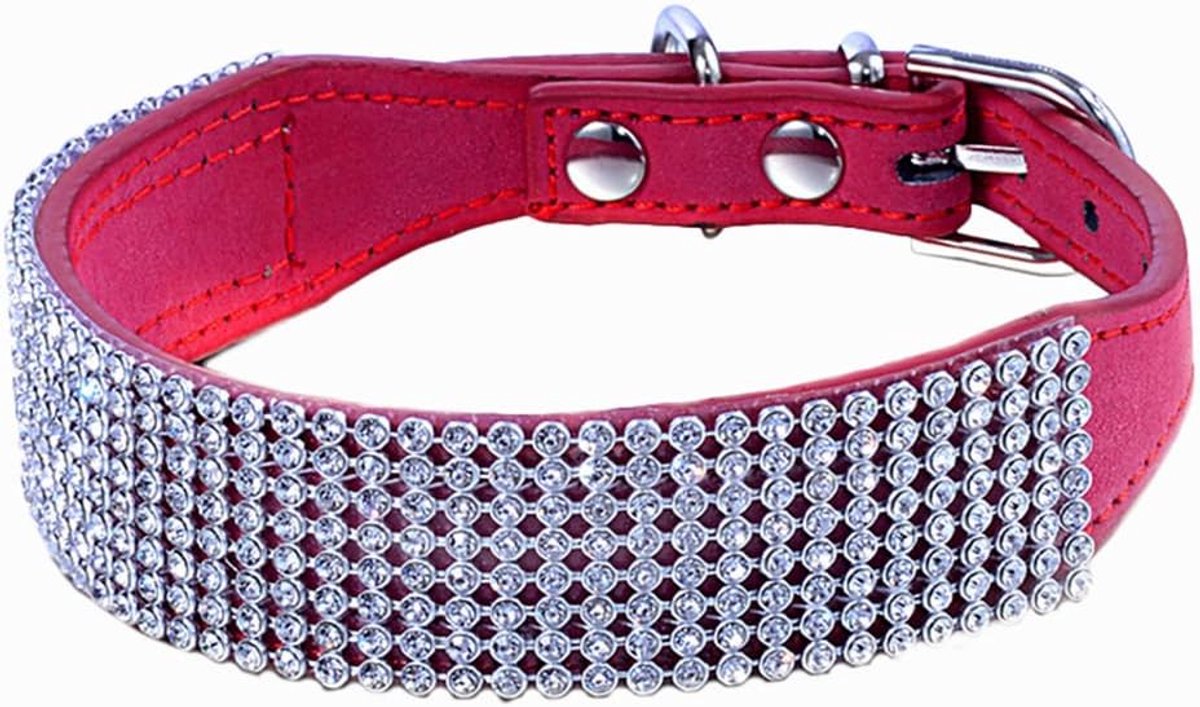 hondenhalsband, bling strass suède leer kristal diamanten steentjes kleine huisdier kat hond puppy halsband (S, rood)