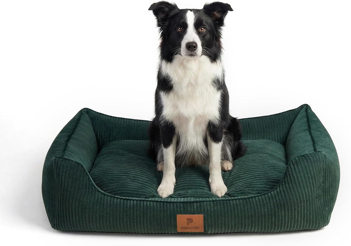 Hondenmand en Hondenbed, Zacht Hondenkussen met Verhoogde Randen, Antislip en Afneembare Wasbare Hoes, Comfortabel en Duurzaam, Corduroy Design Stijlvol (L, 100x70 cm, Donkergroen)