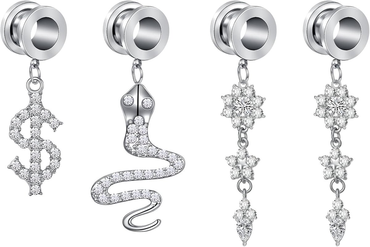 Tunnels Stekkers Brancards 6mm 8mm 10mm 12mm 14mm 16mm Dangly Snake Bloem Vlees Tunnel Rvs Dubbele Uitlopende Geschroefd voor Body Piercing