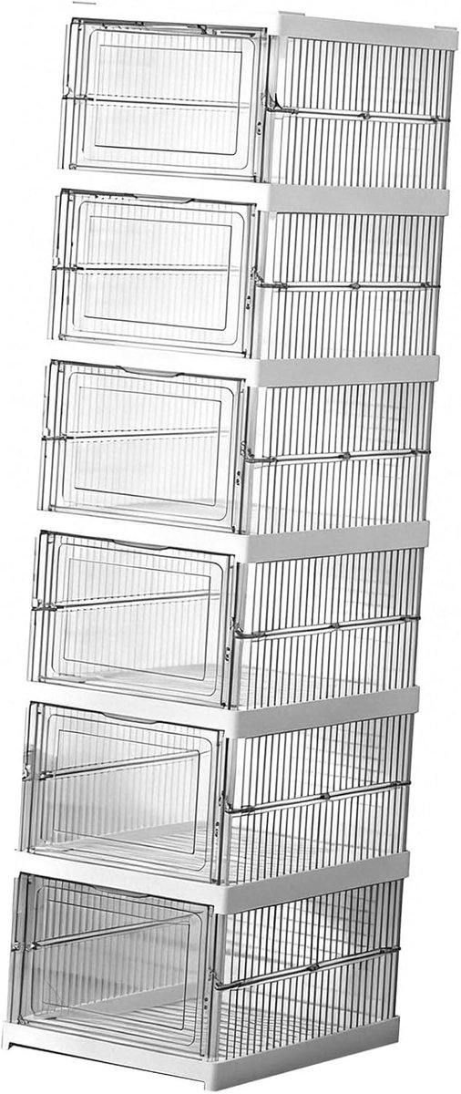 Plastic Stapelbare Schoenenopbergdoos, Opvouwbare Schoenenrekorganizer met Transparante Deur, Robuuste Ruimtebesparende Sneakercontainerbak voor Kast (6 lagen 10,04x13,58x41,34in)