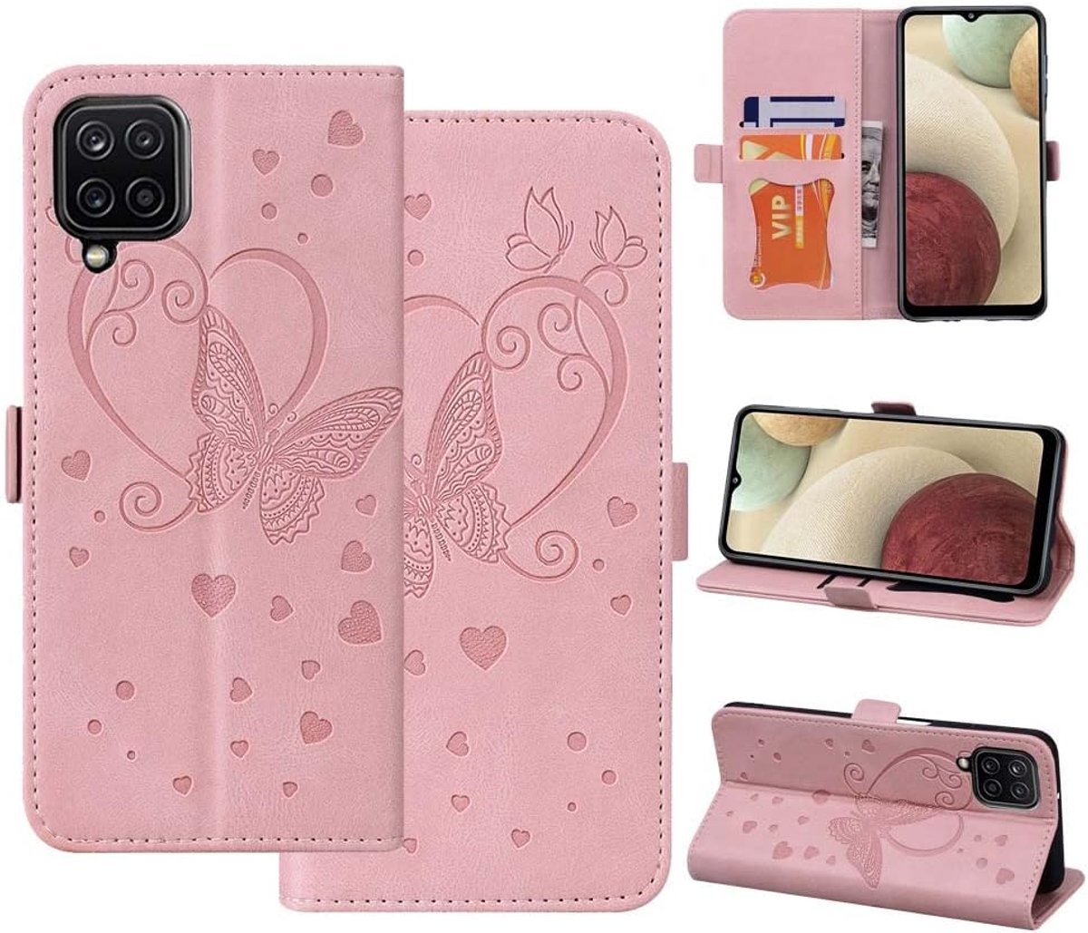 Hoes voor mobiele telefoon, voor Samsung Galaxy A12, Samsung M12, PU-leren hoes met kaartenvak, briefgeldvak, standfunctie, flip case, magnetisch klaphoesje, beschermhoesje voor Galaxy A12/M12, roze