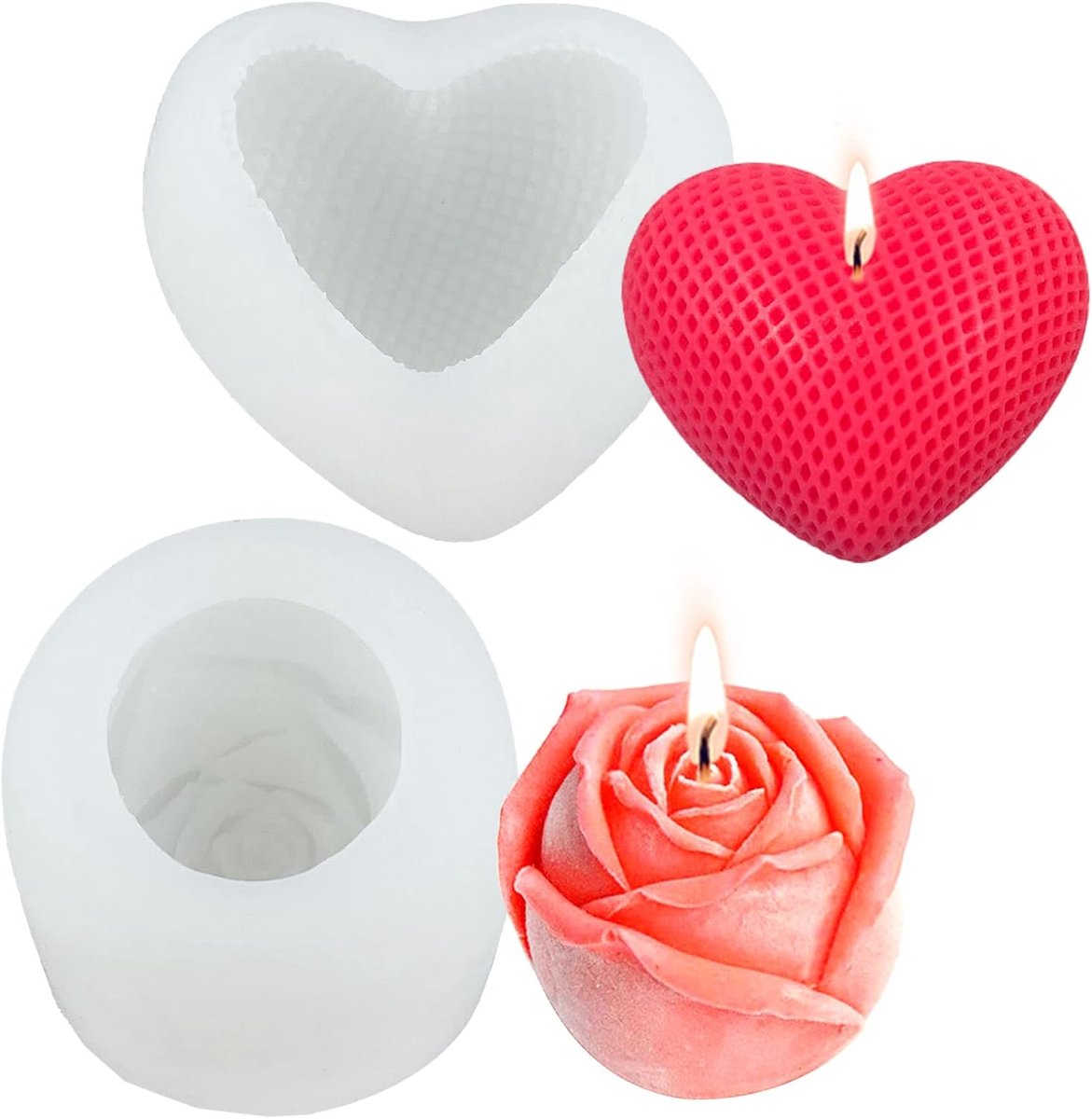 2 stuks kaarsvorm rozen hart kaarsvormen om te gieten 3D siliconen vorm hart DIY bloemen kaarsen vormen siliconen liefde roos kaarsgietvormen voor kaars zeep fondant chocolade mousse cake decoratie