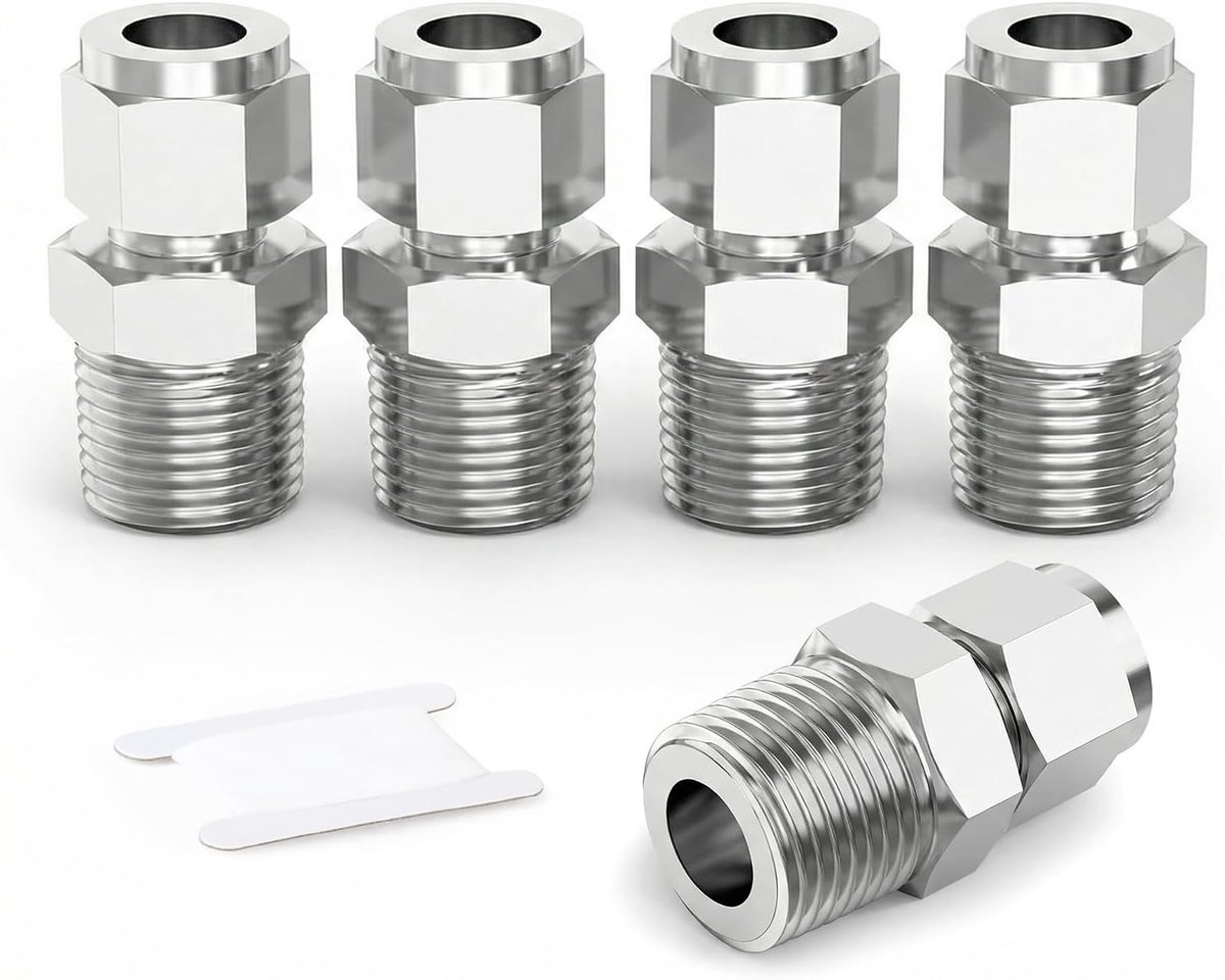 5 stuks 304 Roestvrijstalen Knelfitting, 8mm Buis OD x 1/2" BSP Mannelijke Rechte Connector, Hydraulische/Pneumatische Buisadapter met Enkele Knelring voor Water, Olie, Gas & Lucht