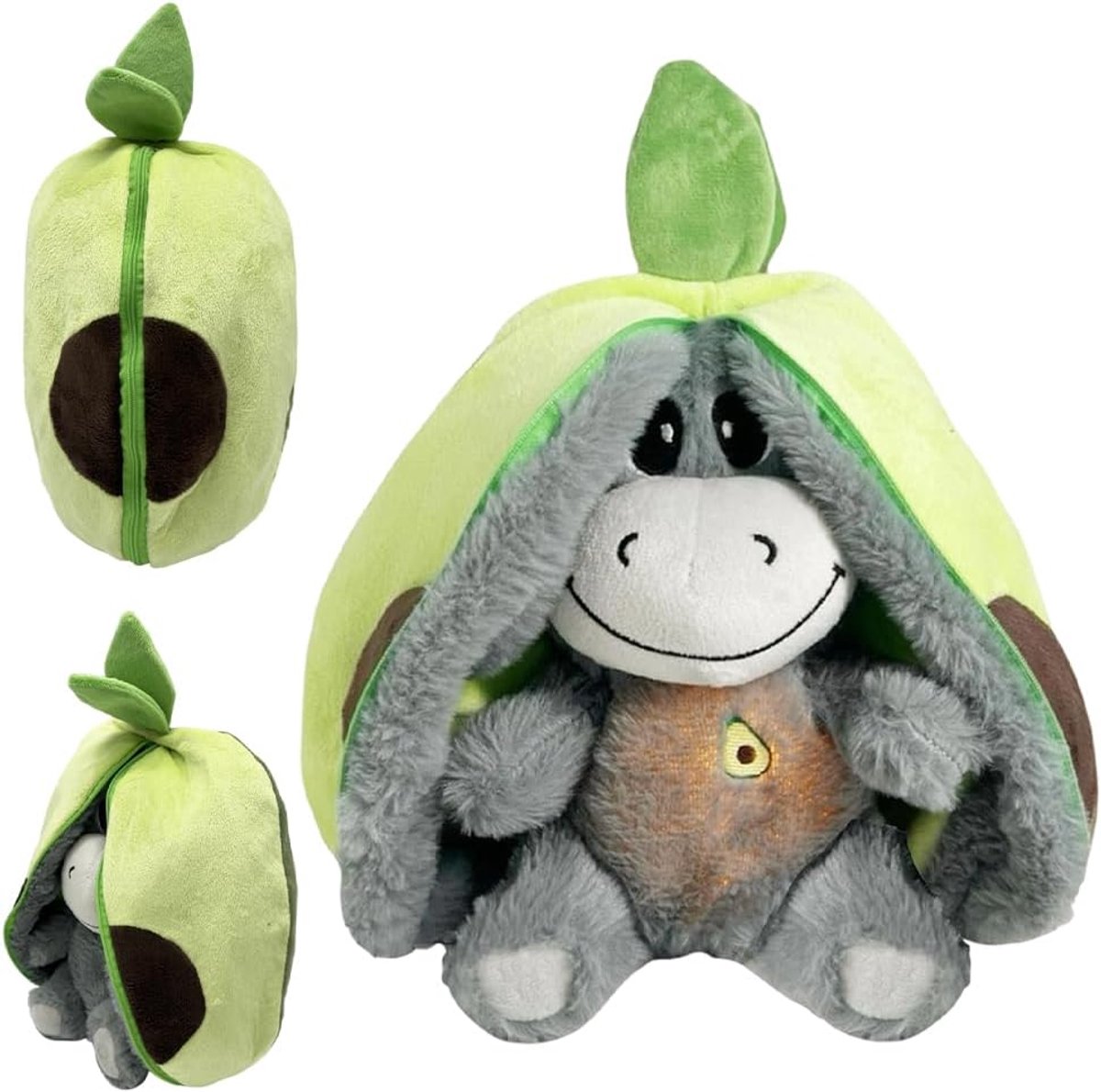 Ademende knuffeldier, ezel, sluimer, knuffeldier, 4 modi, ezel, ademend knuffeldier, aardbeien-ese-l knuffeldier met adem, muziek, licht, ademen met licht (avocado)