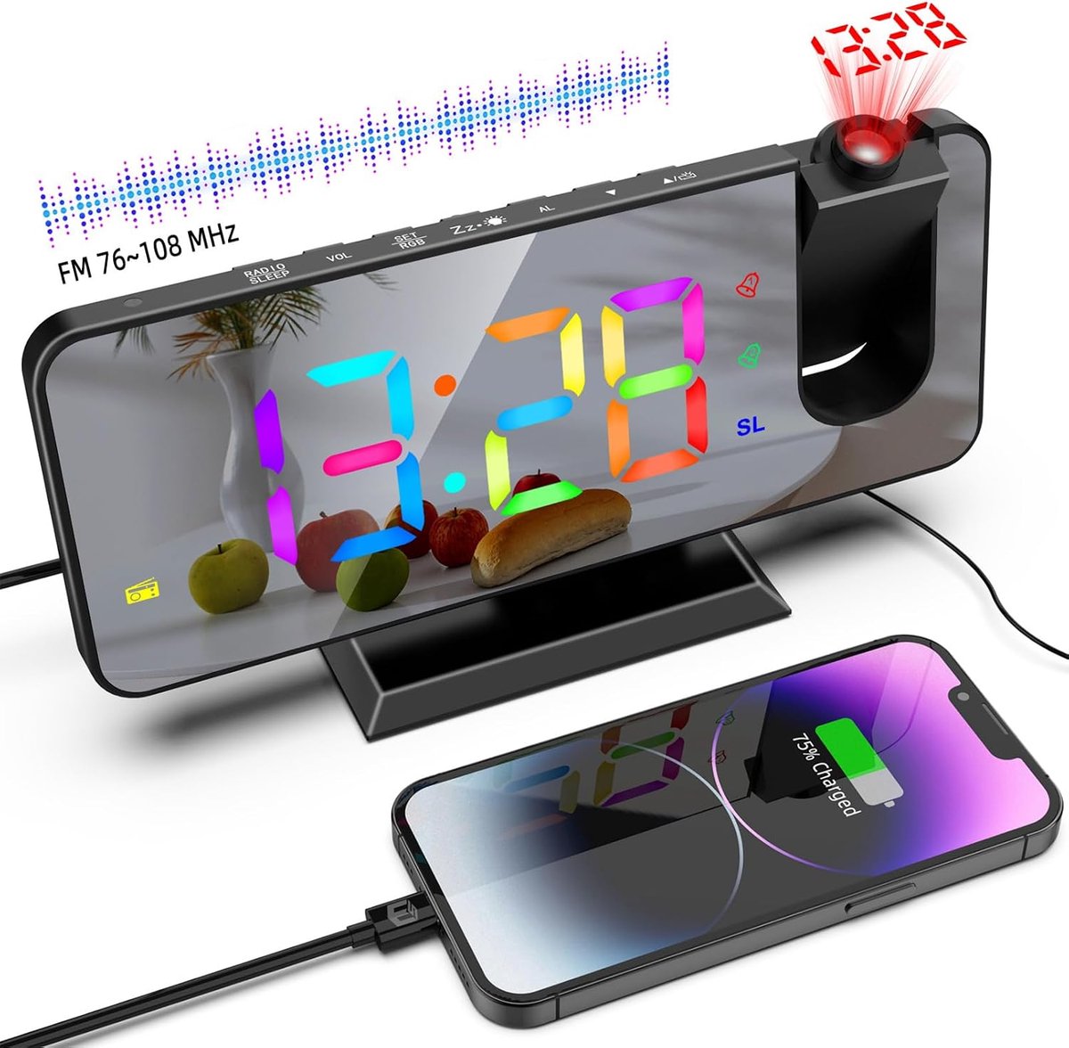 Projectiewekker RGB Radio Wekker aan Plafond 180° Draaibare Projector Digitale Kleurrijke Klok voor Slaapkamer USB-oplaadpoort Spiegelscherm Zwart