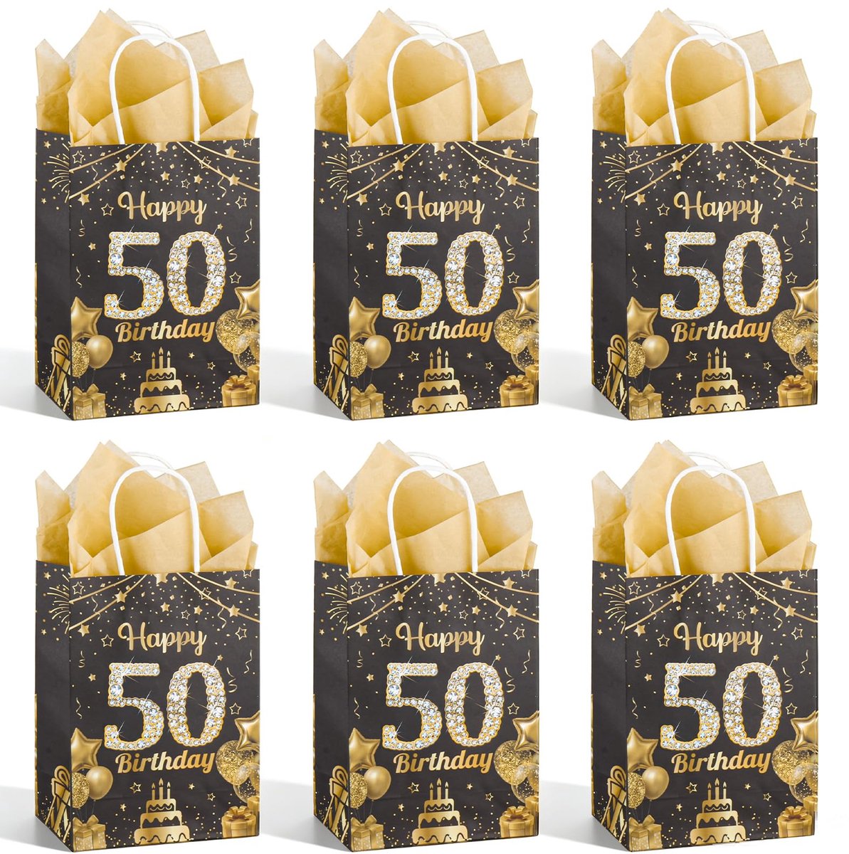 Papieren geschenkzakjes 50e verjaardag - zwart goud - herbruikbaar met handgrepen - perfect voor feestelijke cadeaus - SnelShoppen