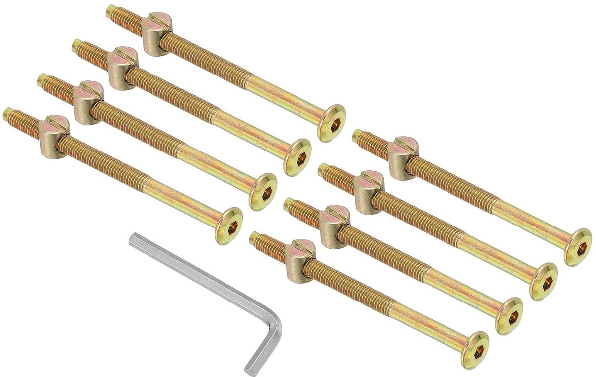 Schroeven voor stapelbed, M6 x 90 mm, 8-delige set met binnenzeskant en moeren, inclusief 1 inbussleutel voor meubels en bedden, zinkkleuren