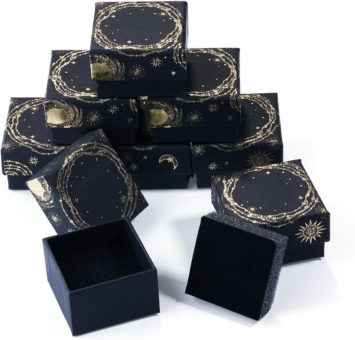 Magibeads 10 Stuks Sieraden Geschenkdozen Vierkant 2x2x1.3 inch Zwarte Sieraden Doos met Zwarte Spons Zon Maan Ster - ShopVlot