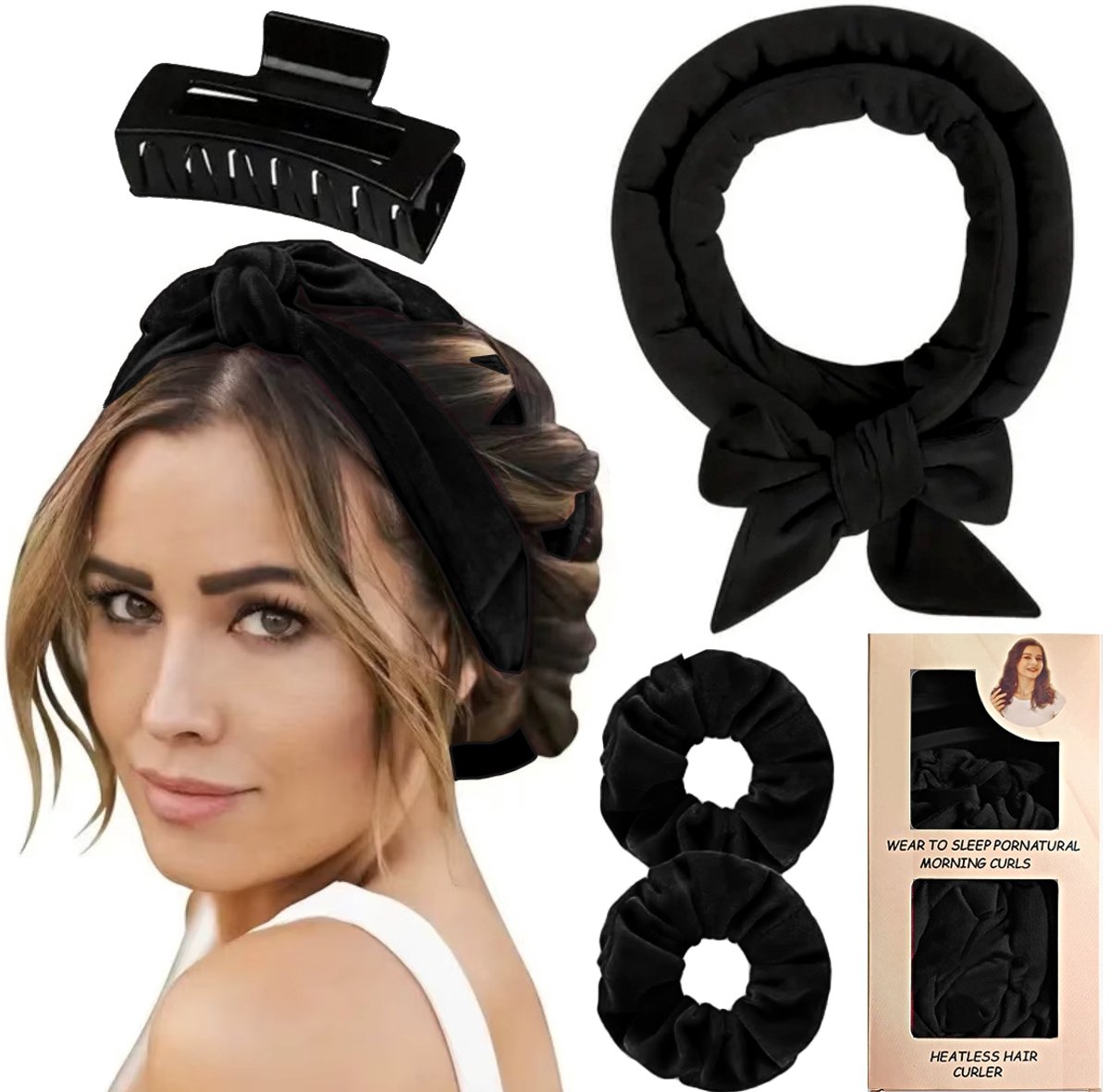 Velours Haarrollerset voor Hittevrije Curlen met Klem - Zwart