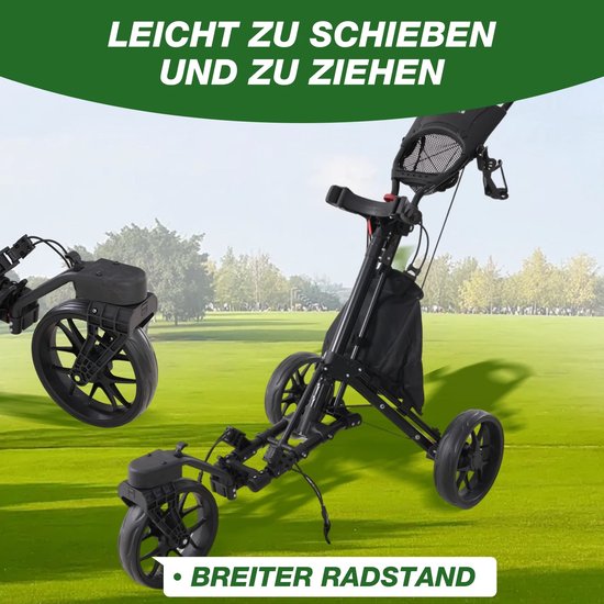 Emvae Golftrolley - Golfkar - Opvouwbaar - 3 Wielen - Voetrem - Rubberen Banden - Aluminium - 162 x 67 x 113 cm - 8 kg - Zwart — afbeelding 3