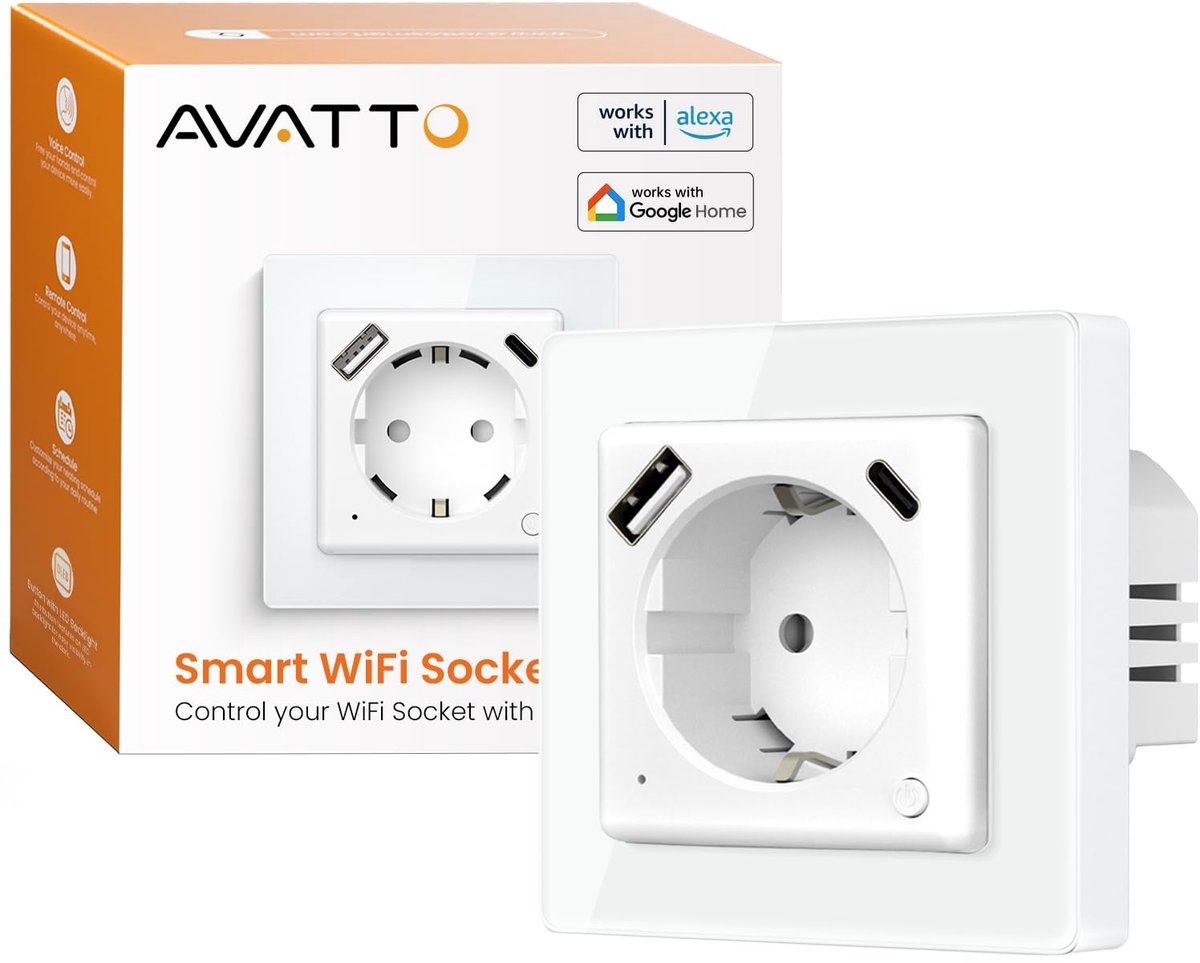 Smart Wi-Fi socket 55 x 55 mm - glazen wandcontactdoos - met Type C en USB - eenvoudig te bedienen met spraak - ShopVlot