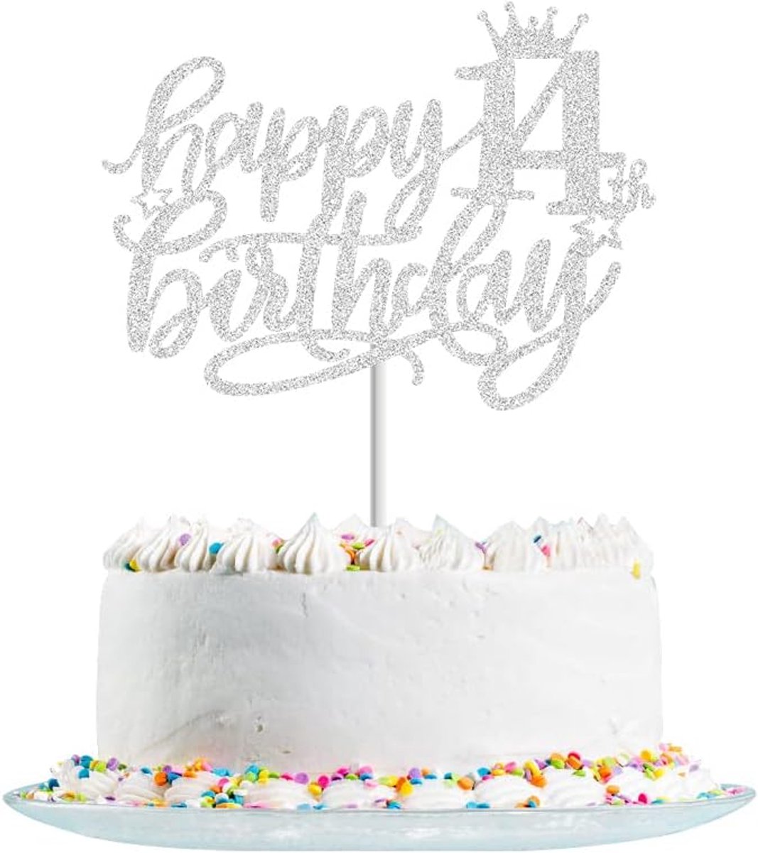Verjaardagstaart Topper 14 jaar - Glitter Zilver - Herbruikbaar - Perfect voor 14e verjaardagsfeest - ShopVlot