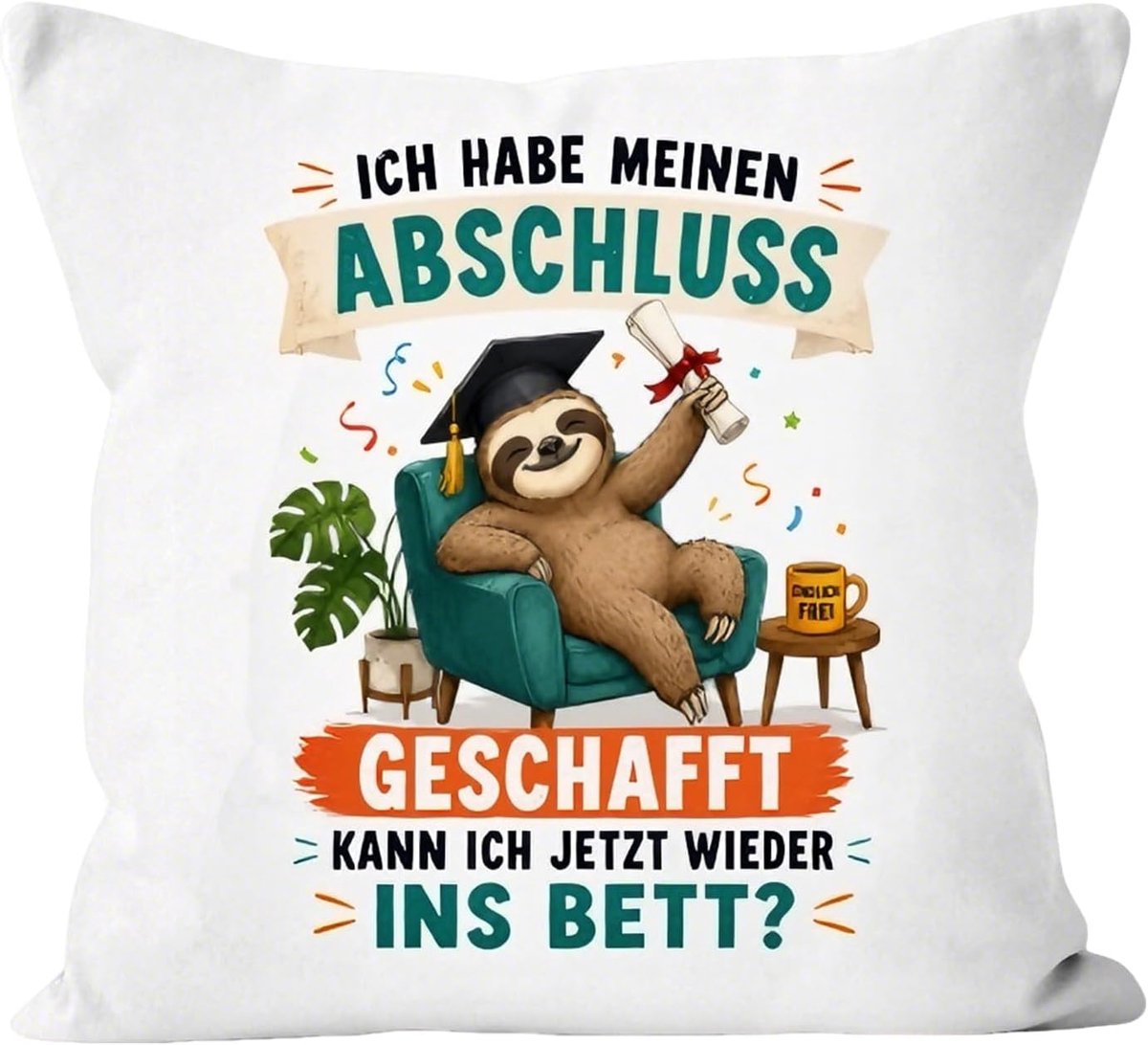 Kussensloop afstuderen 45 x 45 cm - dubbelzijdig bedrukt - grappig luiaard motief - origineel afstudeercadeau - ShopVlot