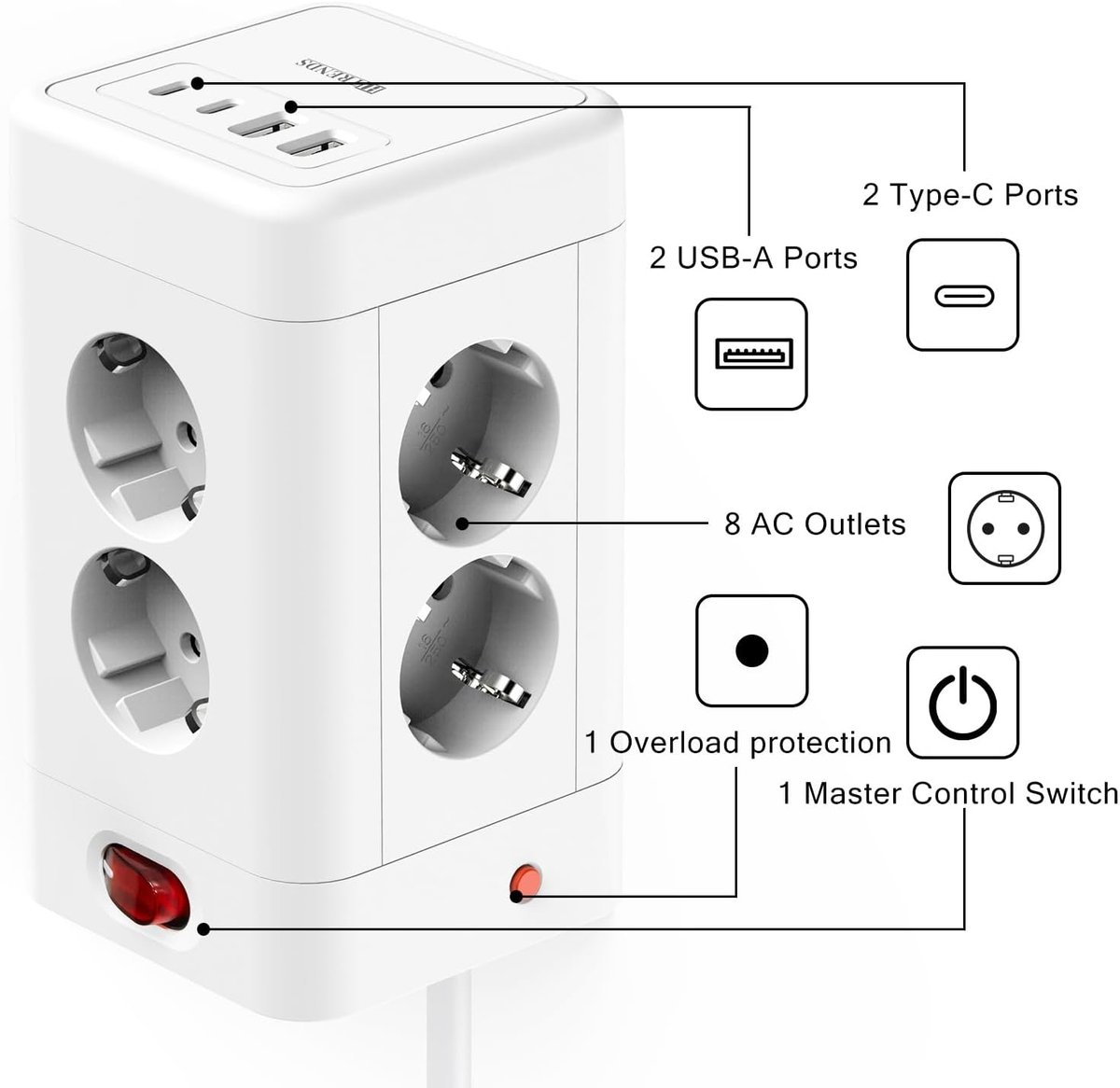 Stekkerdoos met USB C 8-voudig - 12-in-1 met aan/uit-schakelaar - 3680 W voor kantoor - ShopVlot