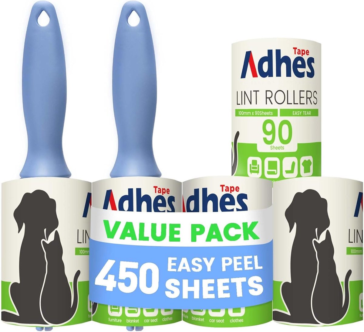 Lintroller extra plakkerig 5 rollen - 90 vellen per rol - 2 handgrepen - Verwijdert dierenhaar van kleding - ShopVlot