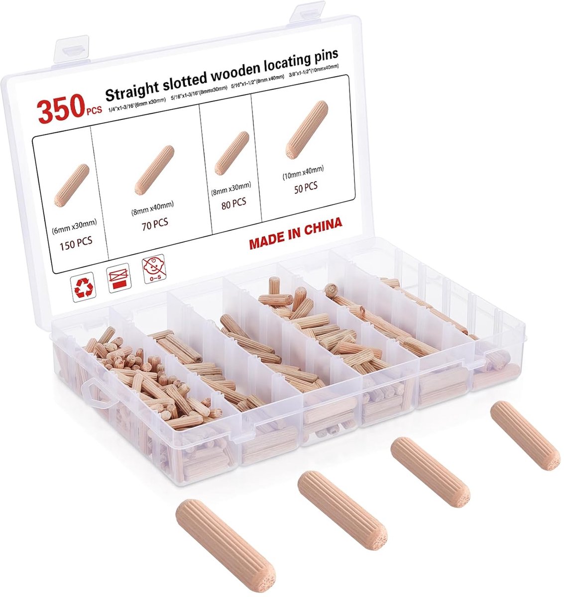 Houten Dowel Pins 350pcs - Assortiment 6mm 8mm 10mm - Hardhout met Groeven - Voor Meubel- en Kunstprojecten - ShopVlot