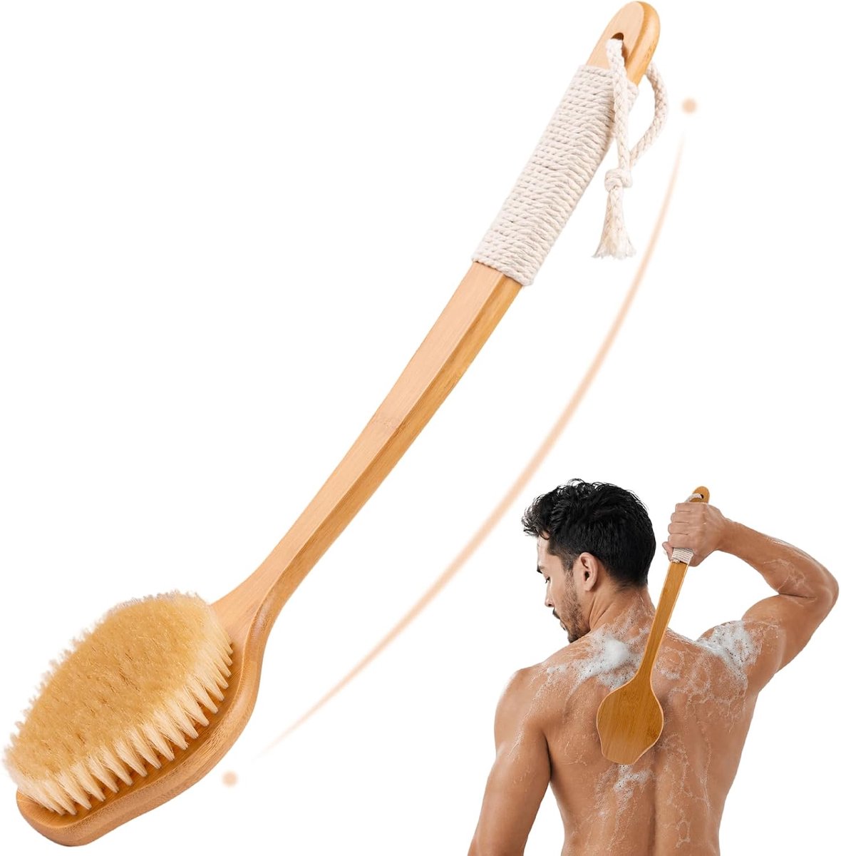 Bamboe rugschrobber - stijve varkenshaar body scrubber - gebogen lange steel - diepe reiniging - ShopVlot